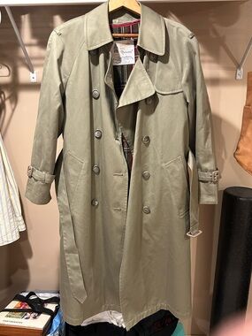 London Fog Olive Trench Coat with Red & Green Tartan Lining